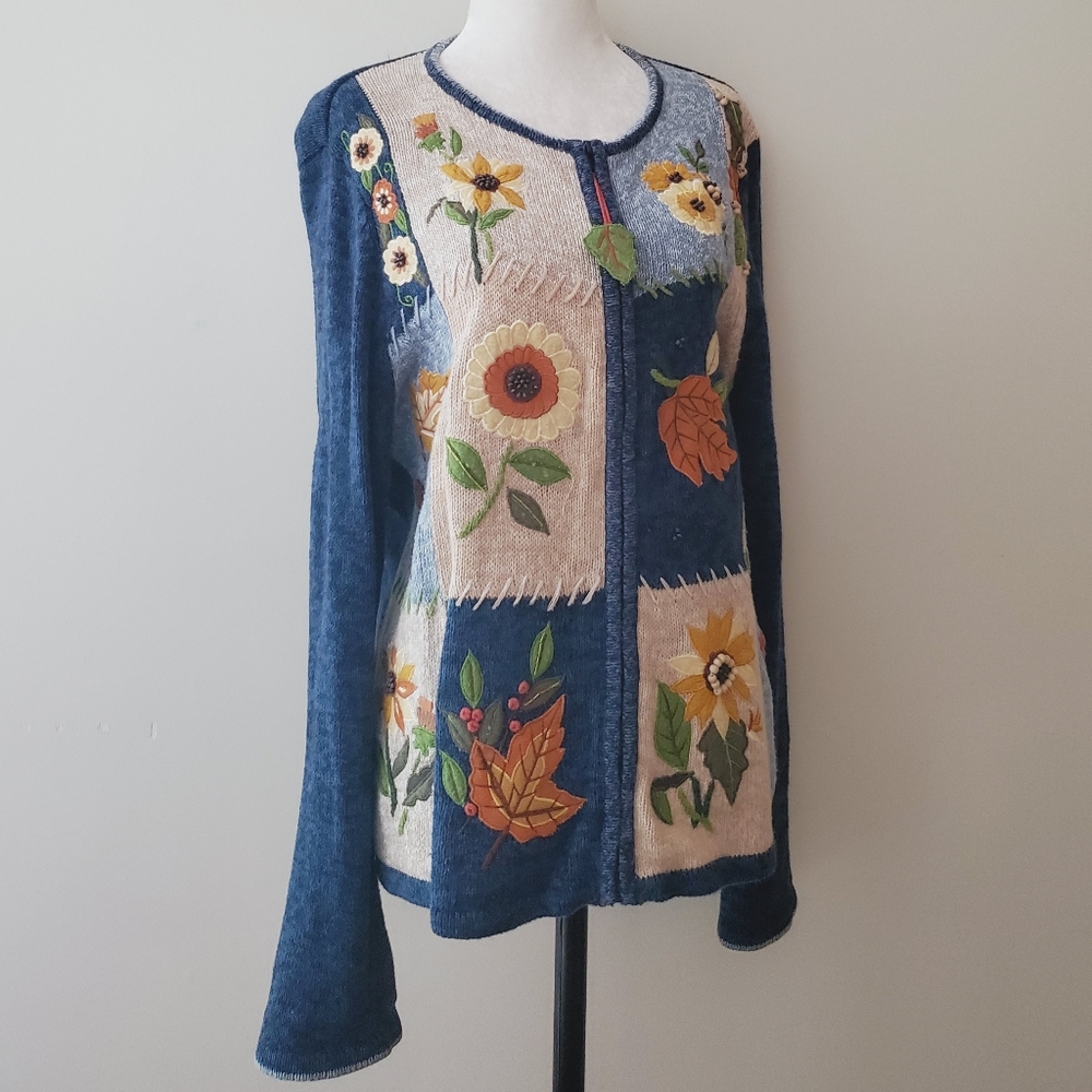 Tiara International Vintage Embroidered Patchwork Autumnal Zip Knit Swea…
